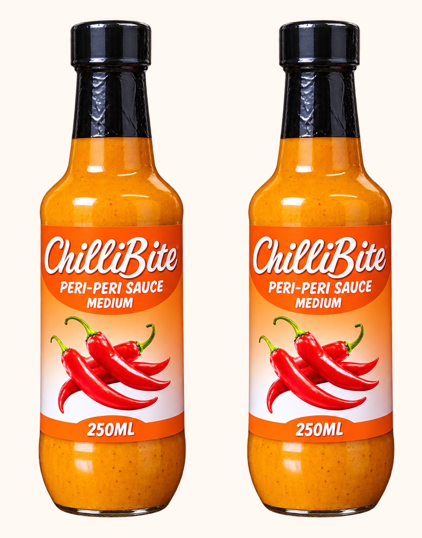 Two ChilliBite Medium peri-peri sauce bottles together